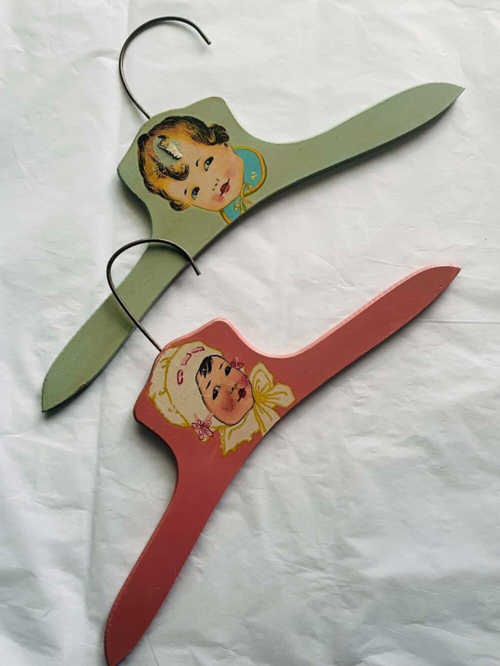 Baby Wood Hangers rare Set of 2 Painted Faces Pink Green vintage Nursery Decor